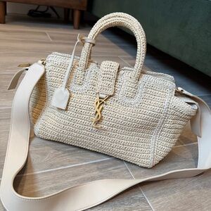 Yves Saint Laurent Vintage Crochet Raffia Zipper Bag w Leather Crossbody Strap